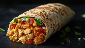 Deliciously Loaded Chicken Burrito on a Deep Navy Blue Background Perfect for Restaurant Menus or Food Blogs photo
