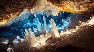 A cave with many crystals and light coming from it photo
