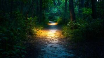 A path in the woods with a light shining on it photo