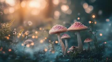 Mushrooms in the forest with sunlight shining on them photo