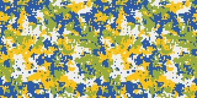Abstract pixelated camouflage pattern in yellow, green, blue, and white. Ideal for fashion, textile design, and digital backgrounds. vector