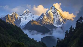 The mountains are covered with clouds and trees photo