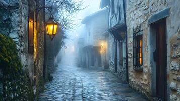 A street in the fog with a lantern and a lamp photo