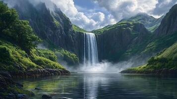 A waterfall in the middle of a mountain range photo