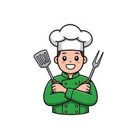 Cartoon chef smiling with folded arms and holding a spatula and fork vector