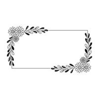 Black and white floral square frame with simple daisy flowers and soft leafy branches vector