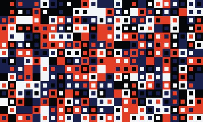 Abstract geometric pattern of red, white, black, and blue squares. A vibrant, modern design ideal for backgrounds, textiles, or tech presentations.