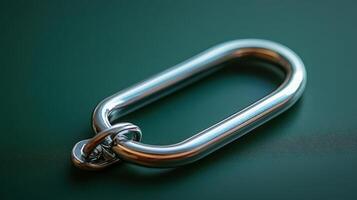 Close-Up of a Silver Carabiner Set Against a Dark Green Background for Outdoor Gear Design and Promotion photo