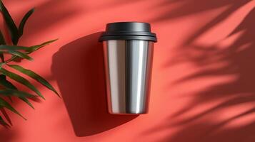 Beautiful Silver Travel Coffee Mug on Coral Background Perfect for Advertisements and Social Media Posts photo