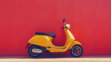 Vibrant Yellow Electric Scooter on Coral Red Background for Urban Transport Imagery photo
