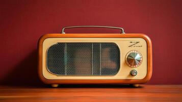 A Vintage Radio on a Burgundy Background Perfect for Retro Aesthetic Designs and Music Lovers photo