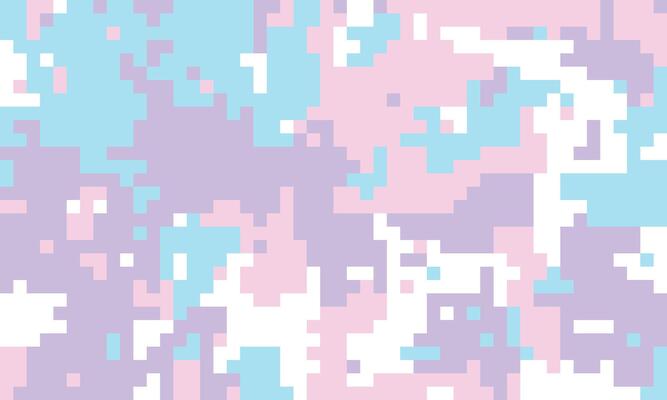 Pastel pixelated camo pattern. Dreamy, abstract background in soft pink, purple, and blue hues. Ideal for websites, textiles, and playful branding. Evokes feelings of sweetness and gentle energy.