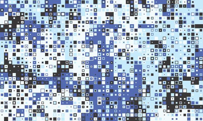 Abstract digital art featuring a dynamic mosaic of blue, white, and black squares. Perfect for tech, data visualization, or modern design projects.
