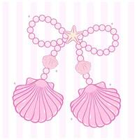 Coquette pink pearl bow seashell pastel hand drawn doodle Summer y2k retro aesthetic vector