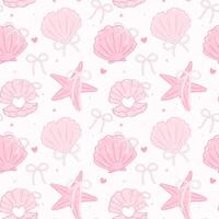 Retro coquette Summer seamless pattern with pearl bow seashells in pastel pink beach vibe for cute girly fabric and digital surface design vector