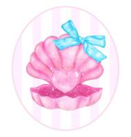 Coquette Summer Vibrant Pink Open Clam Shell with Pearl Hearted shape Seashell Watercolor vector