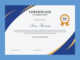 Modern professional certificate of appreciation template for company with blue and gold color vector
