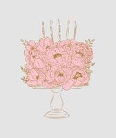 Cake on stand made with flowers and candles drawing in floral style on beige background vector
