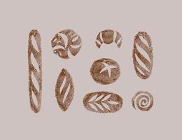 Bread fingerprint collection baguette, sourdough, pumpernickel, rye, long leaf, roll, croissant, whole grain drawing on coffee color background. vector