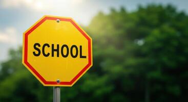 Yellow School Zone Sign with Red Border Against Green Trees and Blue Sky Background photo