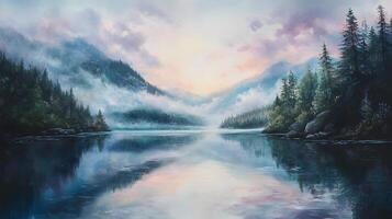 A painting of a mountain lake with trees and fog photo