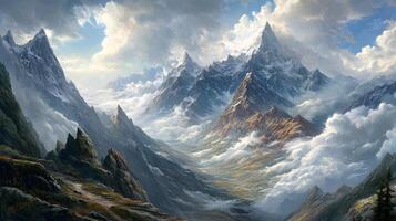 A painting of mountains and clouds photo