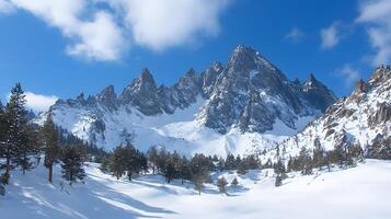 Snow covered mountains with trees and snow photo