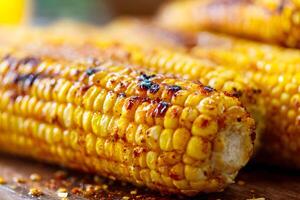 Savory grilled corn on the cob topped with melted butter and spices on a platter. photo