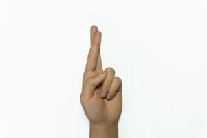 letter R of American hand sign language isolated on white background photo