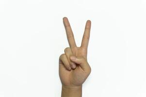 letter V of American hand sign language. Hand finger sign number 2 isolated on white background. photo