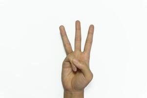 Letter W of American hand sign language. Hand finger sign number 3 isolated on white background. photo