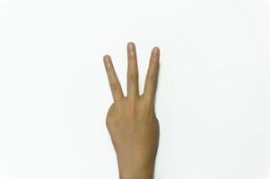 Hand finger sign number 3 isolated on white background. photo