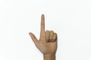 Hand showing thumb and index finger sign together isolated on white background photo