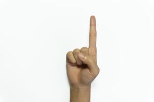 letter Z of American hand sign language. Hand finger sign number 1 isolated on white background. photo