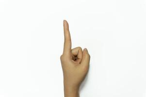 Hand finger sign number 1 isolated on white background. photo