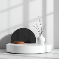 Minimalist product display featuring natural elements and geometric shapes photo
