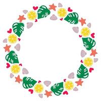 Round summer frame made of shells, monstera leaves, starfish and lemon slices vector