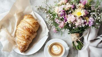 A delightful breakfast setting, a peaceful morning, a lovely flower arrangement. photo