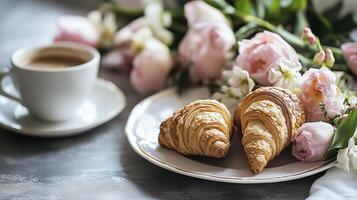 A serene breakfast moment, a morning of calm, a perfect floral display. photo