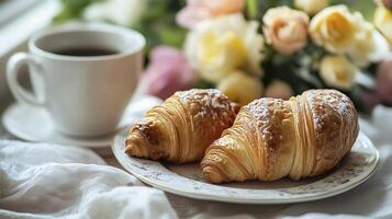 A delicate breakfast display, a fresh floral arrangement, a comforting cup of joe. photo