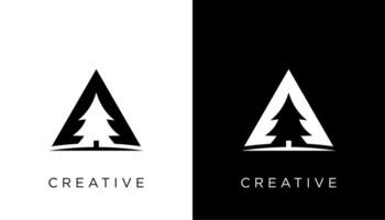 creative letter A logo design with pine tree and triangle vector