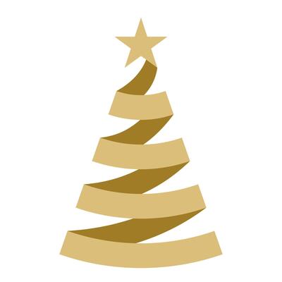 Christmas tree spiral ribbon decoration, color stylized illustration of a decorated Christmas tree in the form of a golden ribbon and star, isolated on white