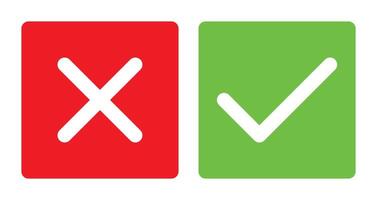 green tick and red x in square, OK check mark and X cross icon symbol vector