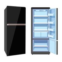 Realistic open and closed modern refrigerator mockup with shelves. Empty wide fridge with sensor panel. Home kitchen refrigerator set. Electrical freezer for products, fresh food storage vector