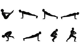 a set of silhouettes of people doing various exercises vector