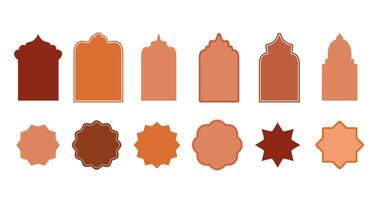 Islamic round frame, brown shape, design template, flat illustration. Collection of oriental style arab windows and arches in boho style vector