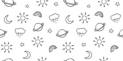 Seamless pattern with line sky, sun, moon and clouds. outline monochrome doodle illustrations on white background for kids and nursery vector