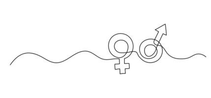 Gender symbol one line drawing, man and woman icon continuous outline isolated sketch, concept of balance vector