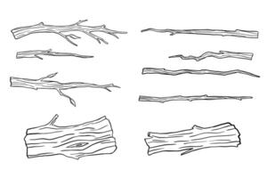 Dry tree and branch sketch isolated on white background. Hand drawn illustrations set, wood trunk vector
