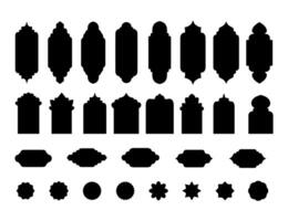 Islamic silhouette frame, shape, design template, flat element. Collection of oriental style arab windows, circle and arches, antique labels set vector